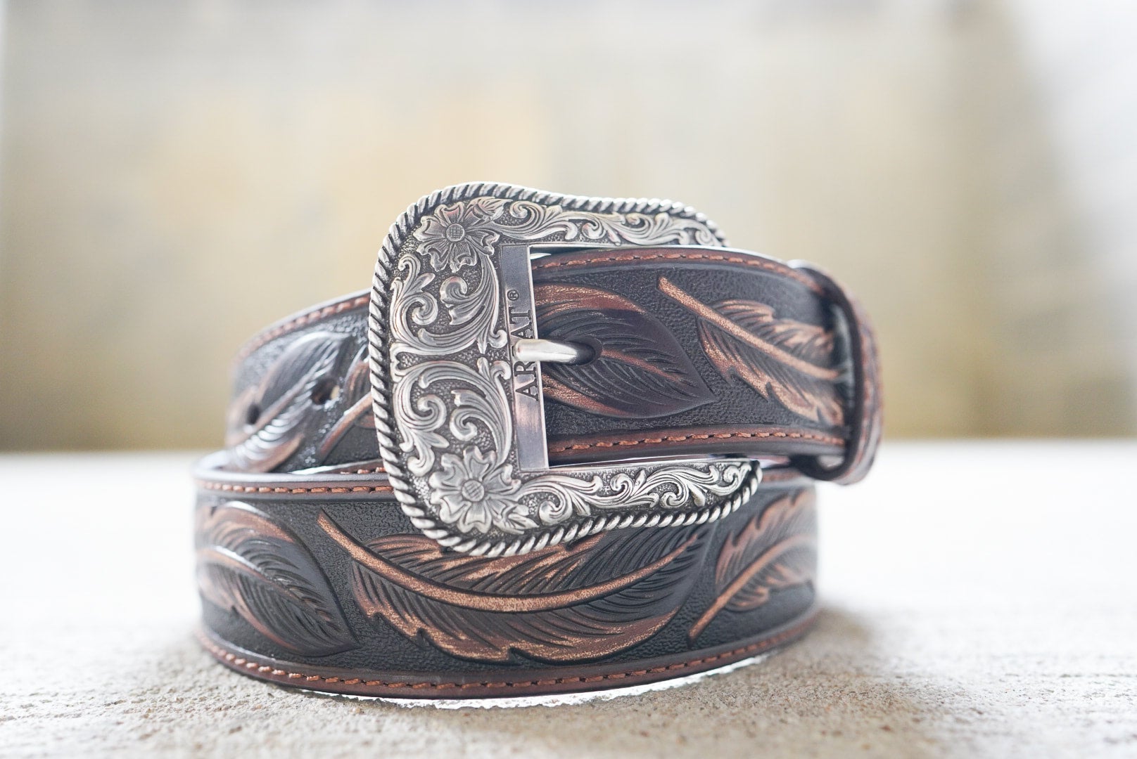 Ariat Men s Leather Feather With Tooled Sliver Buckle Western Belt A1029608 Cindy s Western Wear